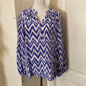Lily Pulitzer, long sleeves blouse, size S, White and Blue, 100% silk